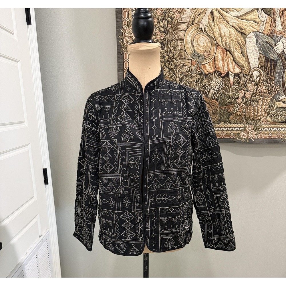 Alfred Dunner Jacket Womens 14P Black Quilted Embroidered Petite Short Geometric